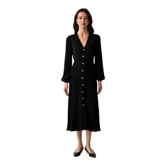 Twinset Geribde gebreide jurk met knoopsluiting tot halverwege de kuit - Dames - Jurken - Zwart - Maat: S Viscose