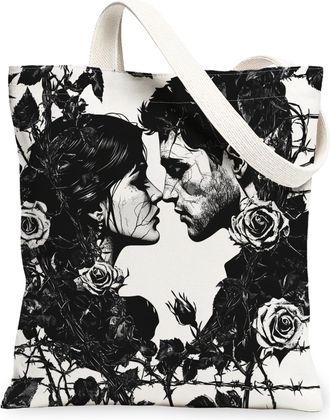 Generic Romantic Valentines Day Canvas Tote Bag for Shopping 13x15, Gothic Man and Wife Couple Reusable Grocery Print Pattern Bag for Women, Goth Lover Beach 