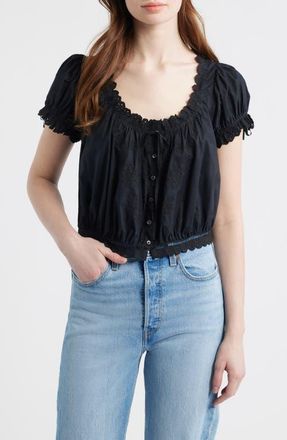 D&ocirc;en Nera Eyelet Ruffle Organic Cotton Crop Top in Black at Nordstrom, Size Xx-Small