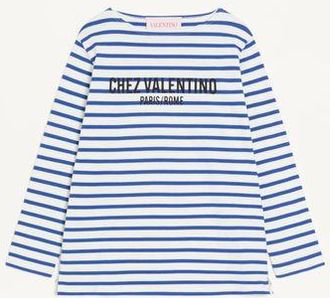 Valentino LONG-SLEEVED COTTON T-SHIRT WITH CHEZ PRINT Woman IVORY/BLUE XS