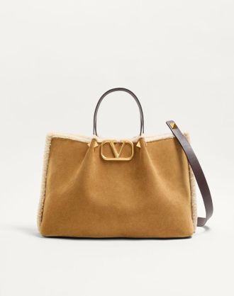Valentino Garavani Borsa Shopping Media Valentino Garavani In Suede E Fodera In Montone Donna HAVANA BEIGE UNI