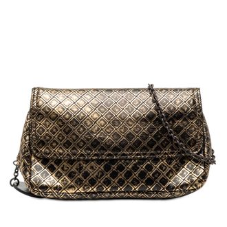 Bottega Veneta Tweedehands Metallic Kalfsleer Intrecciomirage Chain Flap Crossbody