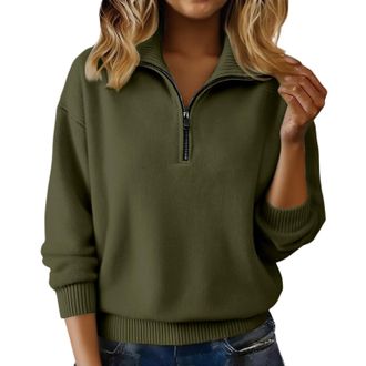 Generic Jumpers for Women UK Cashmere Quarter Zip Winter Jumper Oversized Warm Long Sleeve Pullover Sweaters Solid Color Casual Soft Jumper Blackish Green