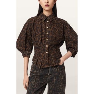 AllSaints Nancy Bishop Sleeve Denim Top in Leopard Brown at Nordstrom, Size 12 Us