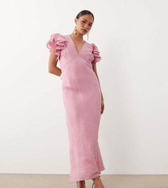 Nobody's Child Layla - Vestito midi rosa con scollo a V e maniche con volant