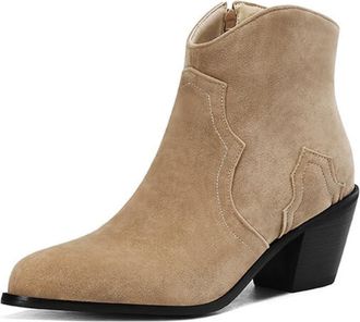 Generic Womens Suede Leather Western Ankle Boots Pointed Toe Chunky Heel Slip-On Cushioned Insole Non-Slip Outsole Party Daily Streetwear Shoes,Apricot,10 UK