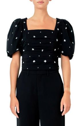 endless rose Sequin Floral Embellished Puff Sleeve Top in Black at Nordstrom, Size Medium