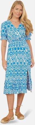 Yumi Geometric Print Puff Sleeve Midi Dress in Blue at Nordstrom, Size 12