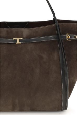 Tod's Womens Tote Bag Suede Brown Calf Leather Shoulder
