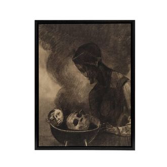 Artery8 Cauldron of the Sorceress Redon Vintage Black Framed Canvas Wall Art in Grey | Size: W24 x H32