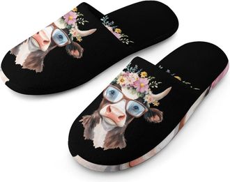 Generic Floral Cow Cotton Slippers for Men Memory Foam House Slippers Soft Anti-skid Sole Indoor Outdoor Shoes