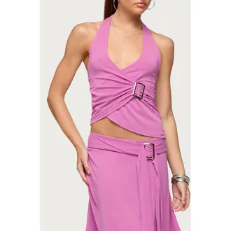 Edikted Fiori Buckle Halter Top in Pink at Nordstrom, Size X-Small
