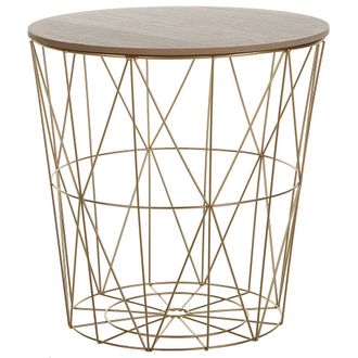 Beliani Beliani - Mesa Auxiliar De Madera Clara Con Tapa Extra&iacute;ble Almacenamiento Cesta De Alambre De Metal Dorado Lanark