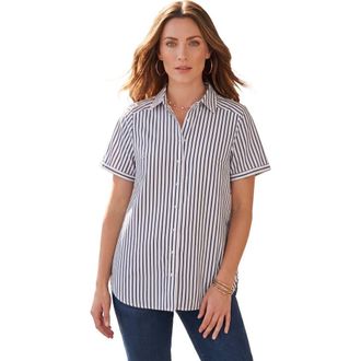 Roaman's Plus Size Kate Short Sleeve Easy Cotton-Blend Button-Front Shirt in Navy Blue Stripe at Nordstrom, Size 22