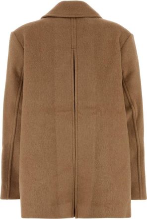Ganni Womens Double-Breasted Wool Blend Coat Beige Polyester Lyocell