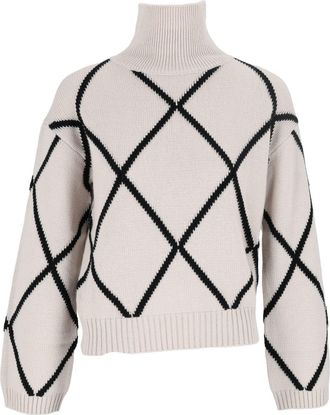 Allude Beige Diamond Pattern Cropped Turtleneck Sweater
