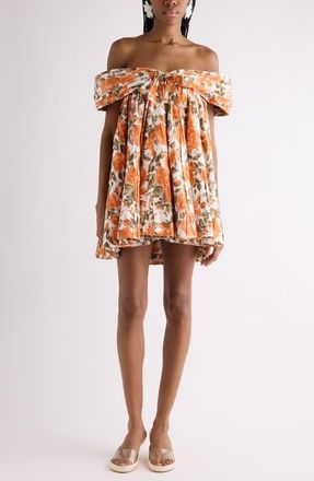 Chlo&eacute; Rose Print Organic Cotton Poplin Babydoll Dress in White - Orange 1 at Nordstrom, Size 6 Us