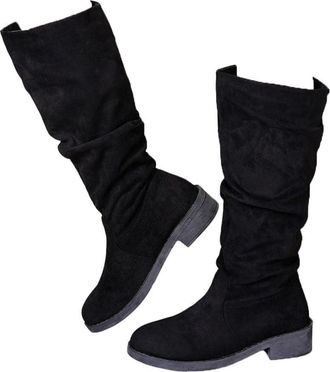 Generic Womens Knee High Suede Boots Pleated Round Toe Square Heel Winter Party Elegant Boot