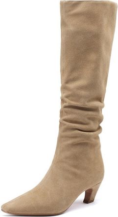 Generic Womens Suede Slouch Knee-High Boots Pointed Toe Low Block Heels Slip-On Design Comfortable Fit For Daily Wear Office Outings And Casual Style,Apricot,