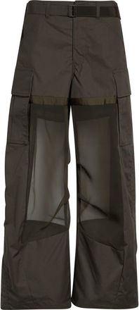 sacai Mixed Media Coated Cotton & Chiffon Wide Leg Cargo Pants in Dark Khaki at Nordstrom, Size 1