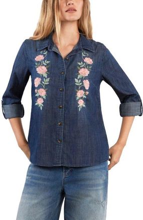 BILLY T Rose Embroidered Denim Shirt in Dusk Blue at Nordstrom, Size X-Small