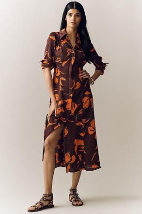 Exquise Long-Sleeve Satin Shirt Dress