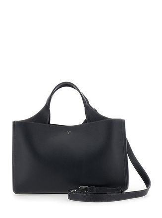 Tod's Womens Leather Handbag With T Plate, Black Calf Handbags Hand Bags
