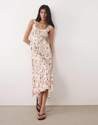 New Look Vestito midi color crema con spalline sottili e corsetto a fiorellini-Bianco
