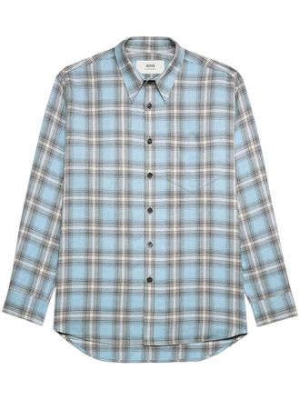 Ami long-sleeved checkered knitted shirt - men - Viscose/Virgin Wool - L - Blue