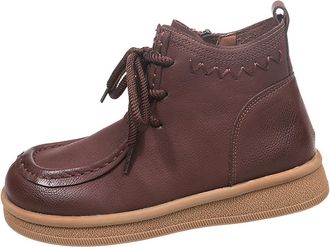 Generic Brown Female Cozy Winter Ankle Boots with Round Toe Side Zipper and Front Lace-Up Low Heel Design for Easy On and Off in Various Settings