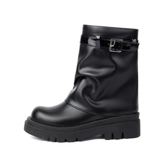 Generic Womens Soft Faux Leather Ankle Boots Adjustable Buckle Strap Chunky Lug Sole Side Zipper Casual Daily Streetwear Autumn Winter Fashion Boots,Black,5.5