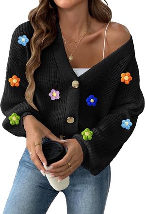 Generic Casual Sweater Cardigan Women Fall Cardigans Long Sleeve Lightweight Cardigans Top with Multi Flower Trendy Cardigan Black