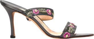 Manolo Blahnik Embroidered Heeled Mules in Black Satin