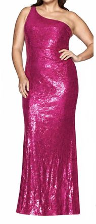 Faviana One Shoulder Long Dress With Sequins - Plus In Fuschia