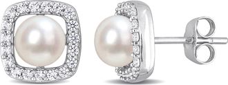 Mimi & Max 6-6.5mm Cultured Freshwater Pearl and 3/8 ct TGW Created White Sapphire Halo Stud Earrings in 10k White Gold
