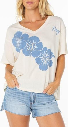 Roxy Floral Oversize V-Neck Graphic T-Shirt in Cloud Dancer at Nordstrom, Size X-Small