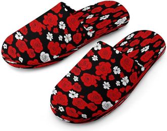 Generic Red Roses Pattern Mens Cotton Slippers Memory Foam Comfort House Shoes Winter Indoor Slipper for Hotel Casa Spa