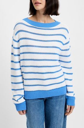 French Connection Stripe Open Stitch Cotton Sweater in 10-Summer White-Blue Hy at Nordstrom, Size X-Small