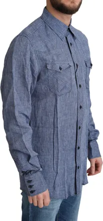 Dolce & Gabbana Blue Stripes Men Casual Button Down Shirt Linen