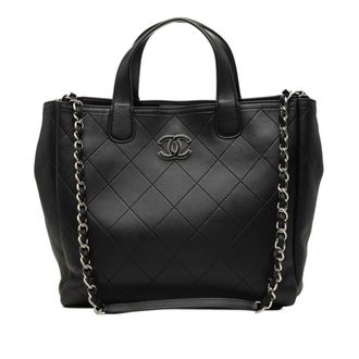 Chanel Wild Stitch Black Leather Shoulder Bag Tote Bag (Pre-Owned)