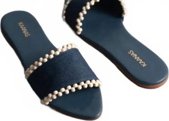 Kaanas Womens Cala Asymmetric Linen Slide With Hand Beaded Detail In Navy