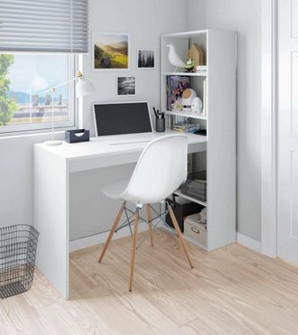 Dmora Dmora - Escritorio Dcart, Escritorio Reversible Con Librer&iacute;a De 5 Estantes, Mesa De Estudio U Oficina Para Porta Libros De Pc, 120x53h144 Cm, Blanco