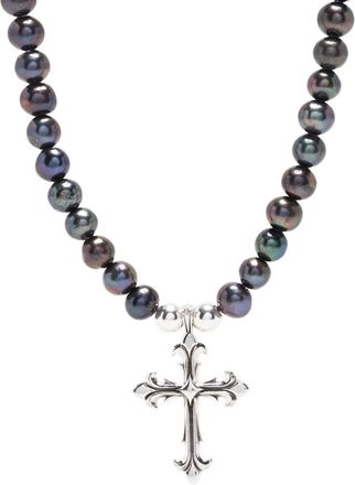 Emanuele Bicocchi Black pearl necklace with fleury cross - unisex - Freshwater Pearl/Sterling Silver - One Size
