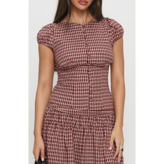 Princess Polly Alixandra Check Cap Sleeve Cotton Button-Up Top in Red Check at Nordstrom, Size 10
