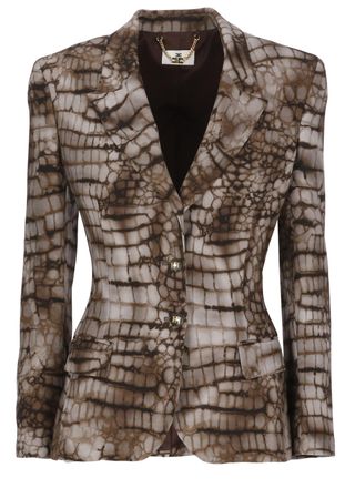 Elisabetta Franchi Brown Viscose Animalier Double-Breasted Blazer