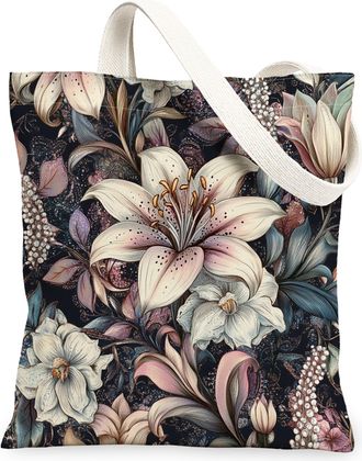 Generic Spring Aesthetic Lilies Canvas Tote Bag for Shopping 13x15, Retro Flower Garden Reusable Grocery Print Bag for Women, Floral Wildflower Beach Aestheti