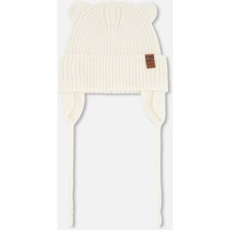 Deux par Deux Gender Inclusive Logo Patch Ribbed Knit Hat in Off White at Nordstrom, Size 18-24 M