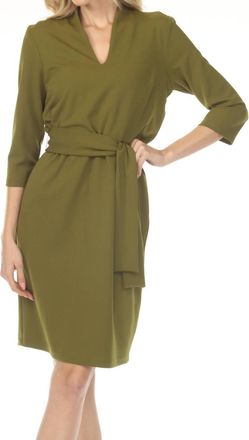 Joseph Ribkoff Belted V-Neck Three Quarter Sleeve Mini Dress In Artichoke Green
