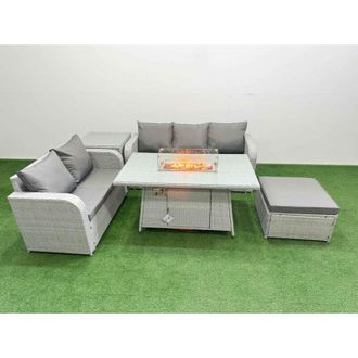 Fimous 6 Seater pe Rattan Wicker Garden Furniture Patio Conservatory Sofa Set with Firepit Dining Table 3 Seater Sofa Love Sofa Big Footstool 2 Side Table