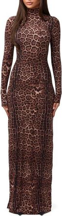 Naked Wardrobe Leopard Print Long Sleeve Body-Con Maxi Dress in Brown Leopard at Nordstrom, Size Medium